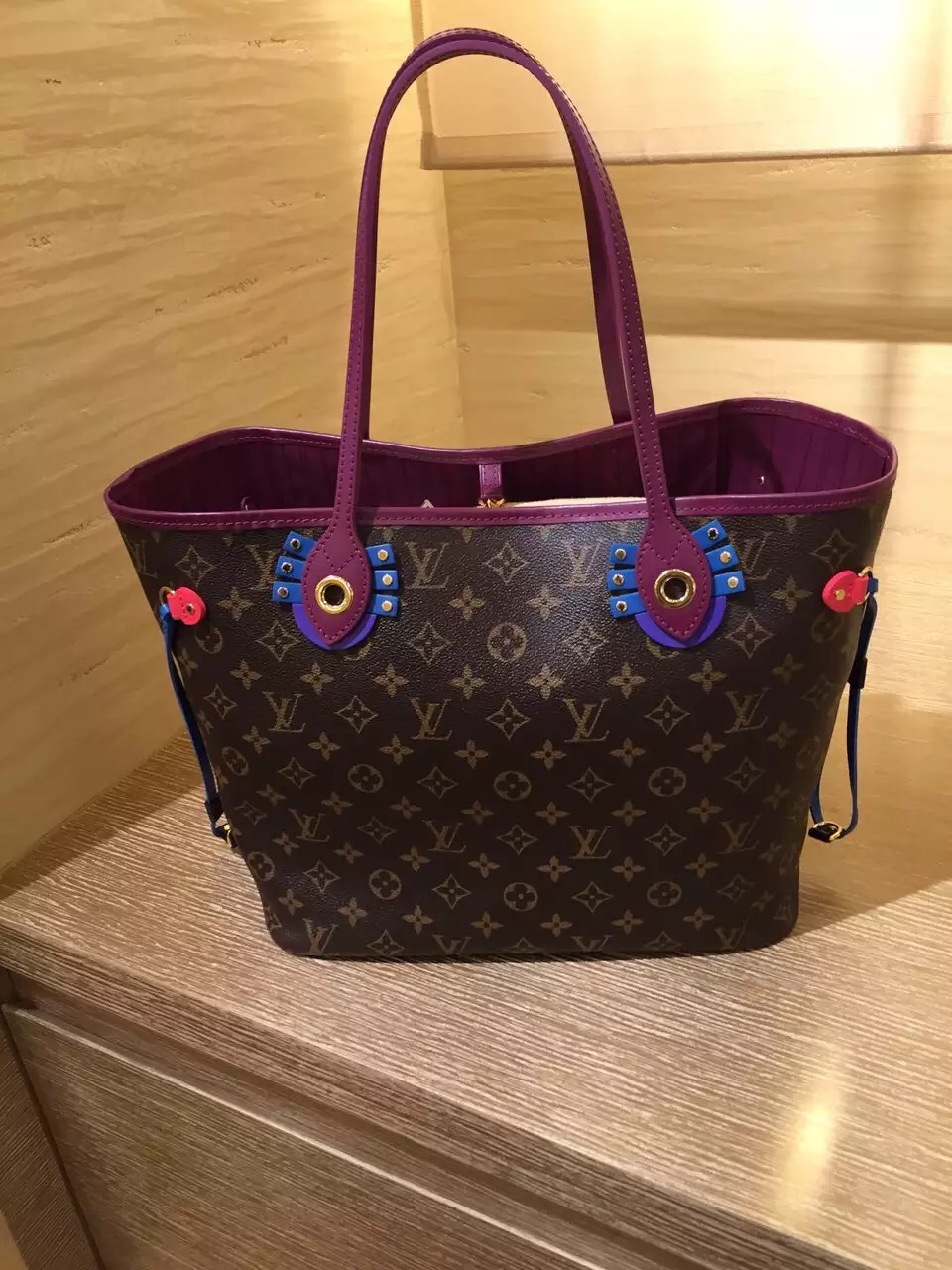 Real Louis Vuitton Neverfull MM Totem Bag M41664 Magenta